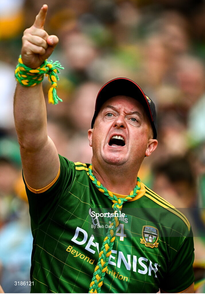 13 July 2025; A Meath supporter reacts during the GAA Football All-Ireland Senior Championship semi-final match between Meath and Donegal at Croke Park in Dublin. Photo by Seb Daly/Sportsfile