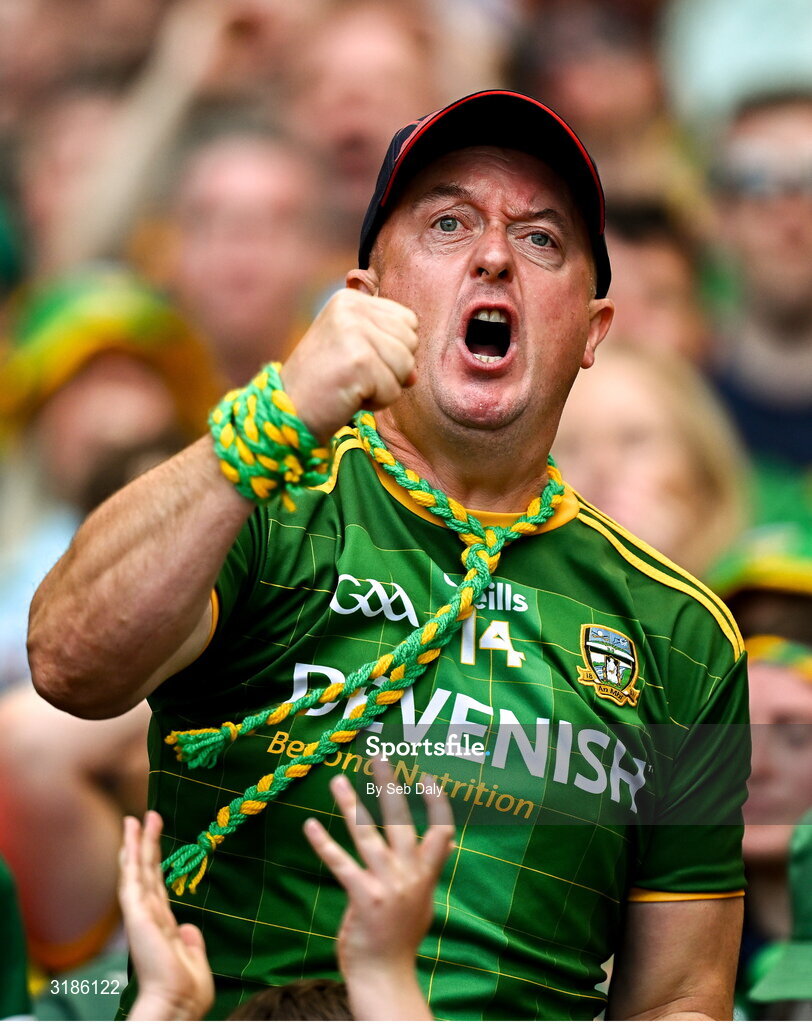 13 July 2025; A Meath supporter reacts during the GAA Football All-Ireland Senior Championship semi-final match between Meath and Donegal at Croke Park in Dublin. Photo by Seb Daly/Sportsfile