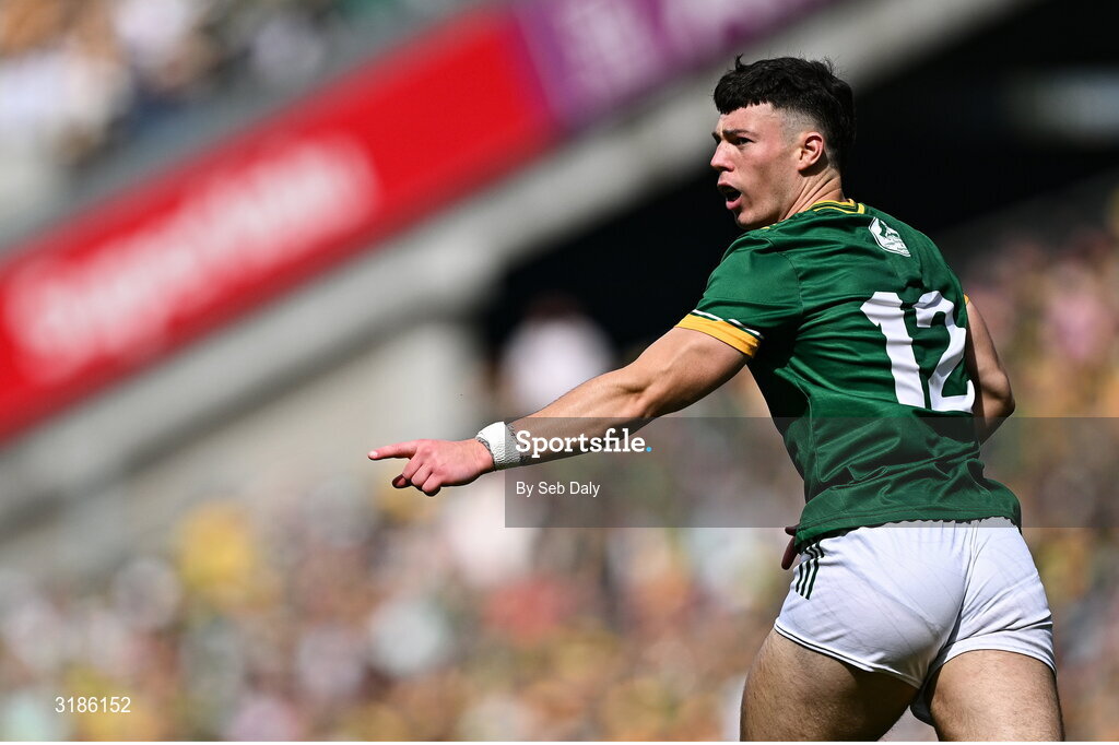 13 July 2025; Keith Curtis of Meath after kicking a point during the GAA Football All-Ireland Senior Championship semi-final match between Meath and Donegal at Croke Park in Dublin. Photo by Seb Daly/Sportsfile