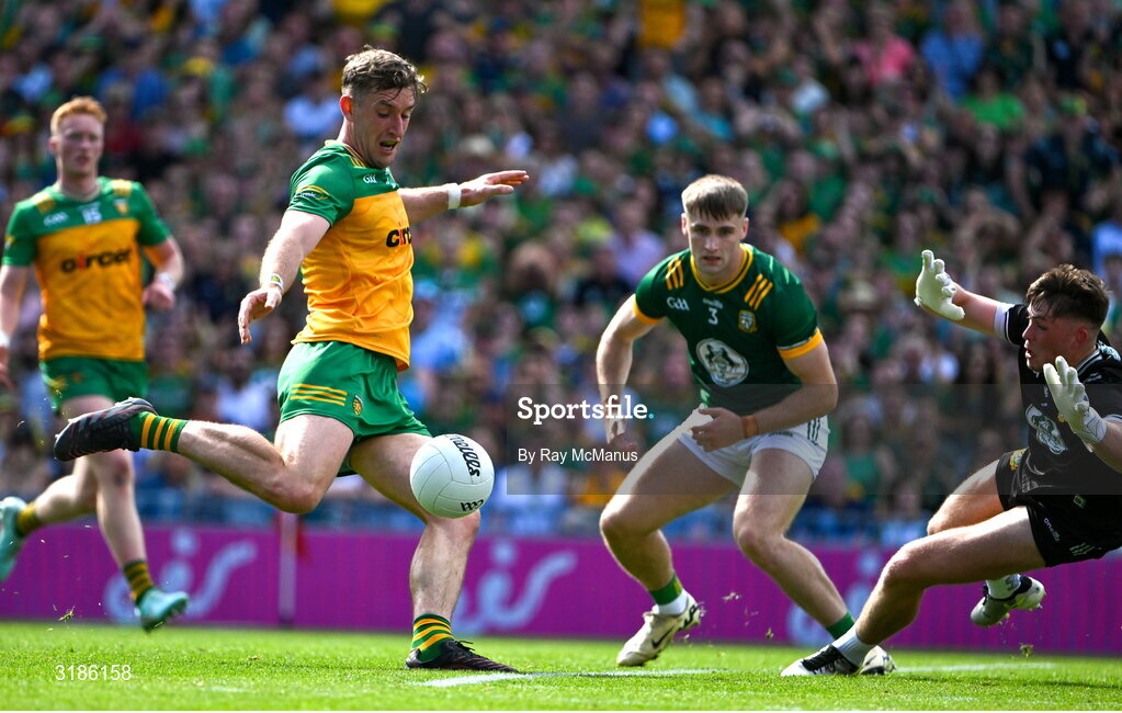 13 July 2025; Meath goalkeeper Billy Hogan saves a shot from Hugh McFadden of Donegal, in the 33rd minute, during the GAA Football All-Ireland Senior Championship semi-final match between Meath and Donegal at Croke Park in Dublin. Photo by Ray McManus/Sportsfile