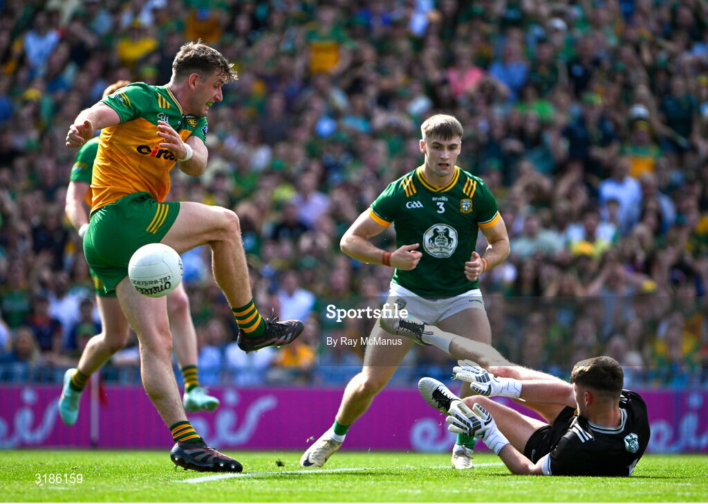 13 July 2025; Meath goalkeeper Billy Hogan saves a shot from Hugh McFadden of Donegal, in the 33rd minute, during the GAA Football All-Ireland Senior Championship semi-final match between Meath and Donegal at Croke Park in Dublin. Photo by Ray McManus/Sportsfile