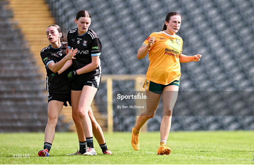 13 July 2025; Maria O'Neill of Antrim after scoring her side's first goal during the TG4 All-Ireland Ladies Football Junior Championship semi-final match between Antrim and Sligo at St Tiernach’s Park in Clones, Monaghan. Photo by Ben McShane/Sportsfile
