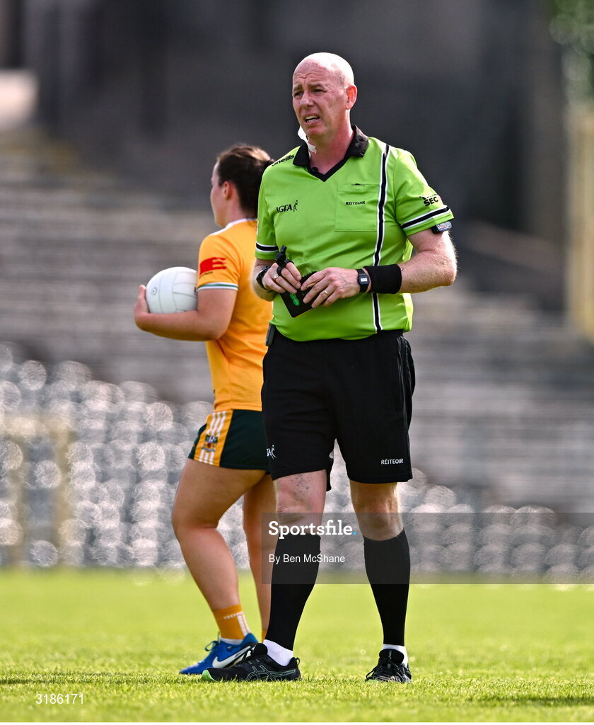13 July 2025; Referee Paul McCaughey during the TG4 All-Ireland Ladies Football Junior Championship semi-final match between Antrim and Sligo at St Tiernach’s Park in Clones, Monaghan. Photo by Ben McShane/Sportsfile