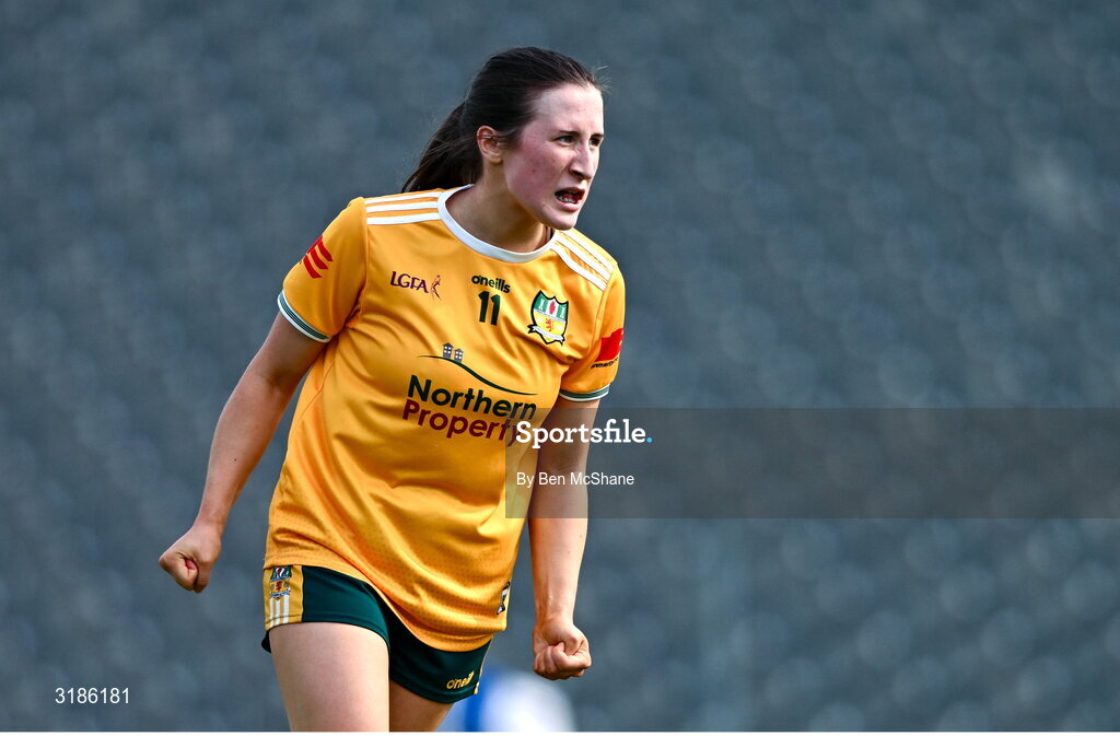13 July 2025; Maria O'Neill of Antrim celebrates after scoring her side's second goal during the TG4 All-Ireland Ladies Football Junior Championship semi-final match between Antrim and Sligo at St Tiernach’s Park in Clones, Monaghan. Photo by Ben McShane/Sportsfile