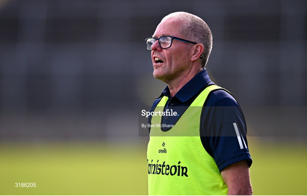 13 July 2025; Antrim manager Chris Scullion during the TG4 All-Ireland Ladies Football Junior Championship semi-final match between Antrim and Sligo at St Tiernach’s Park in Clones, Monaghan. Photo by Ben McShane/Sportsfile