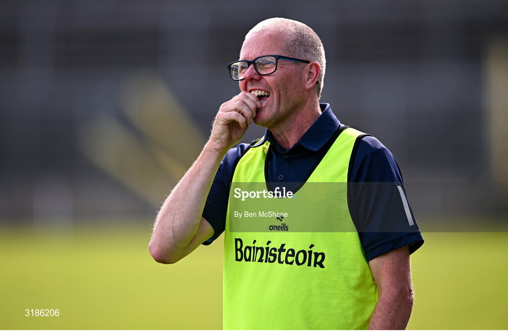 13 July 2025; Antrim manager Chris Scullion reacts late on during the TG4 All-Ireland Ladies Football Junior Championship semi-final match between Antrim and Sligo at St Tiernach’s Park in Clones, Monaghan. Photo by Ben McShane/Sportsfile