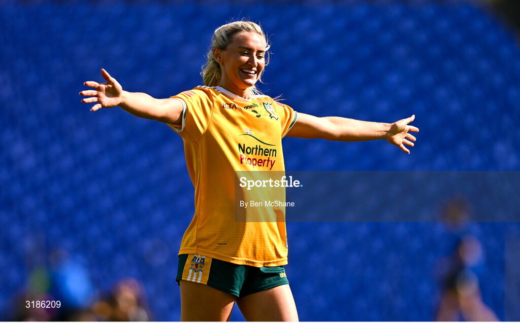 13 July 2025; Áine Tubridy of Antrim celebrates after her side's victory in the TG4 All-Ireland Ladies Football Junior Championship semi-final match between Antrim and Sligo at St Tiernach’s Park in Clones, Monaghan. Photo by Ben McShane/Sportsfile