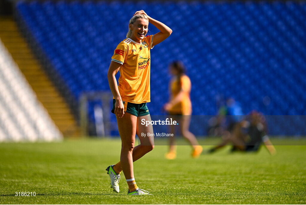 13 July 2025; Áine Tubridy of Antrim reacts after her side's victory in the TG4 All-Ireland Ladies Football Junior Championship semi-final match between Antrim and Sligo at St Tiernach’s Park in Clones, Monaghan. Photo by Ben McShane/Sportsfile