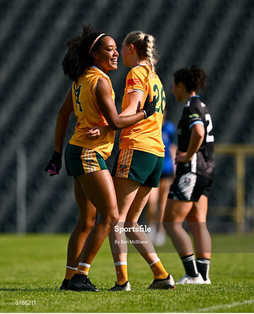 13 July 2025; Omolara Dahunsi, left, and Olivia Todd of Antrim celebrate after the TG4 All-Ireland Ladies Football Junior Championship semi-final match between Antrim and Sligo at St Tiernach’s Park in Clones, Monaghan. Photo by Ben McShane/Sportsfile