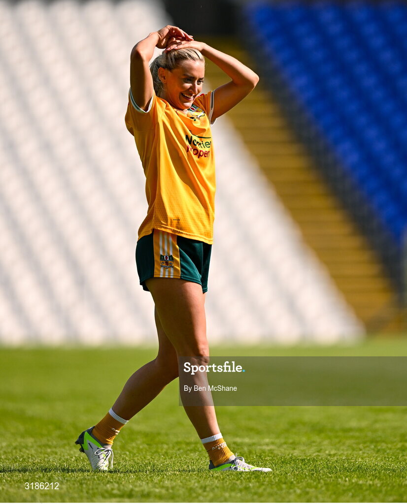 13 July 2025; Áine Tubridy of Antrim reacts after her side's victory in the TG4 All-Ireland Ladies Football Junior Championship semi-final match between Antrim and Sligo at St Tiernach’s Park in Clones, Monaghan. Photo by Ben McShane/Sportsfile