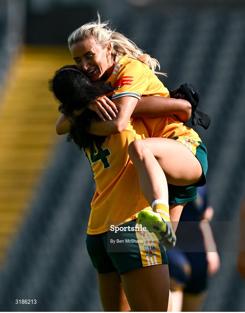 13 July 2025; Omolara Dahunsi, left, and Áine Tubridy of Antrim celebrate after the TG4 All-Ireland Ladies Football Junior Championship semi-final match between Antrim and Sligo at St Tiernach’s Park in Clones, Monaghan. Photo by Ben McShane/Sportsfile
