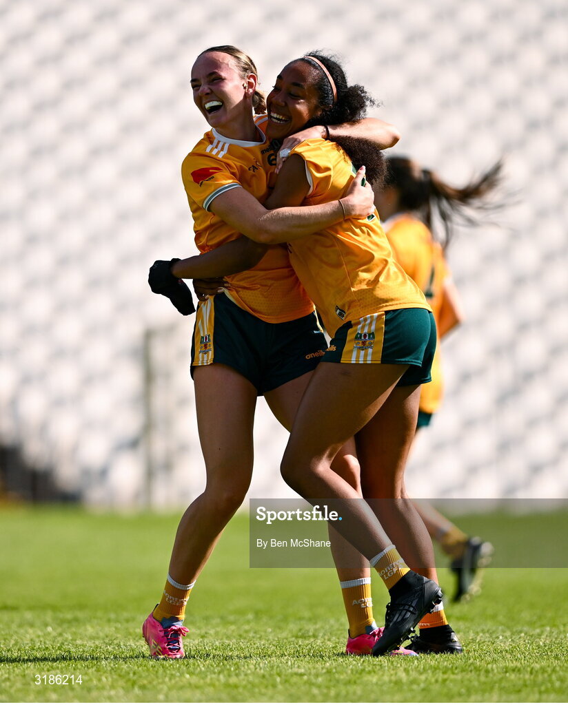 13 July 2025; Omolara Dahunsi, right, and Ciara Brown of Antrim celebrate after the TG4 All-Ireland Ladies Football Junior Championship semi-final match between Antrim and Sligo at St Tiernach’s Park in Clones, Monaghan. Photo by Ben McShane/Sportsfile