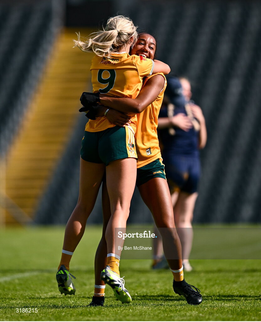13 July 2025; Omolara Dahunsi, right, and Áine Tubridy of Antrim celebrate after the TG4 All-Ireland Ladies Football Junior Championship semi-final match between Antrim and Sligo at St Tiernach’s Park in Clones, Monaghan. Photo by Ben McShane/Sportsfile