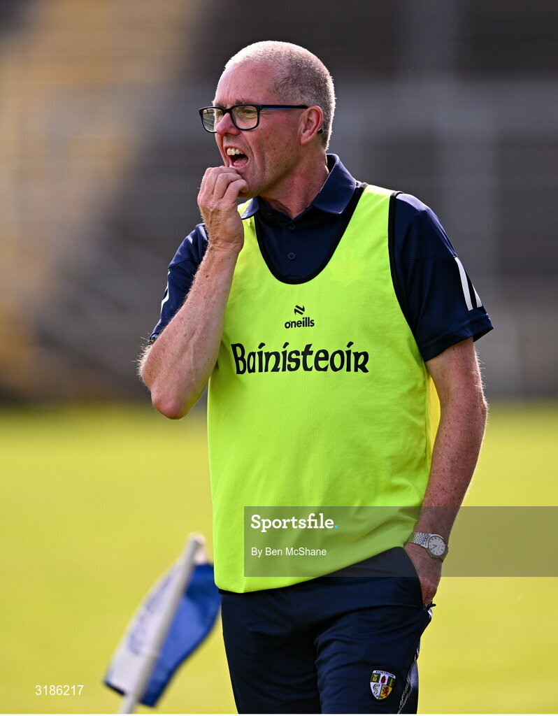 13 July 2025; Antrim manager Chris Scullion during the TG4 All-Ireland Ladies Football Junior Championship semi-final match between Antrim and Sligo at St Tiernach’s Park in Clones, Monaghan. Photo by Ben McShane/Sportsfile
