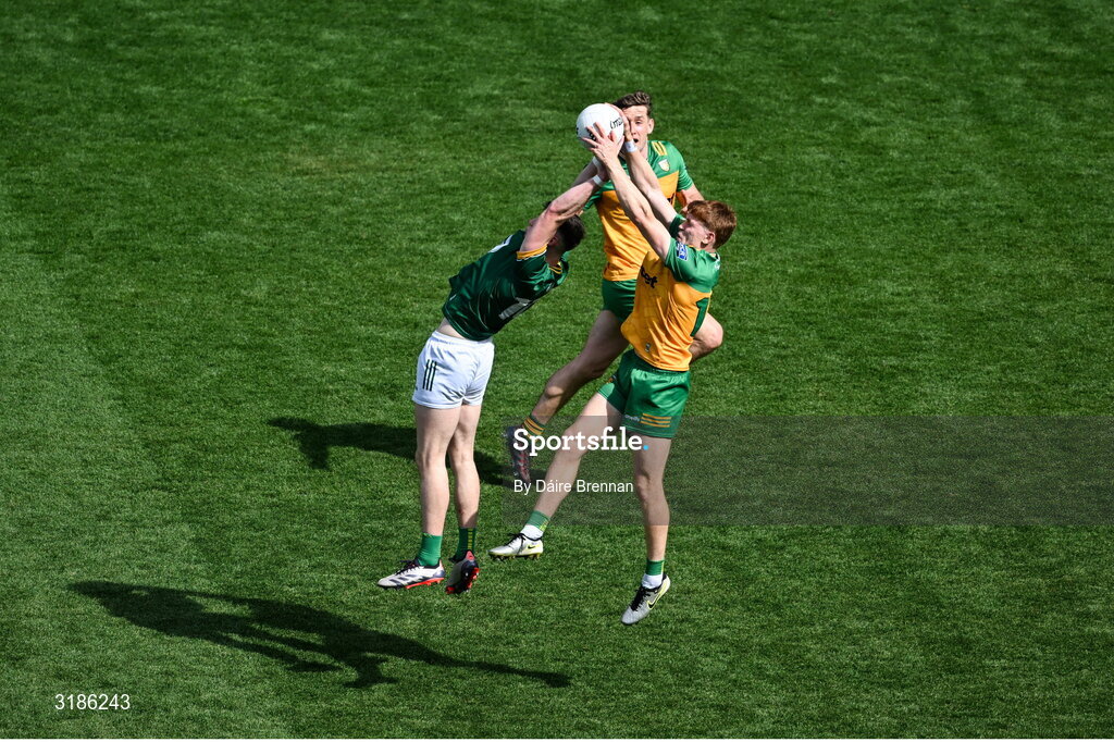 13 July 2025; Conor Duke of Meath in action against Ciaran Moore of Donegal during the GAA Football All-Ireland Senior Championship semi-final match between Meath and Donegal at Croke Park in Dublin. Photo by Daire Brennan/Sportsfile