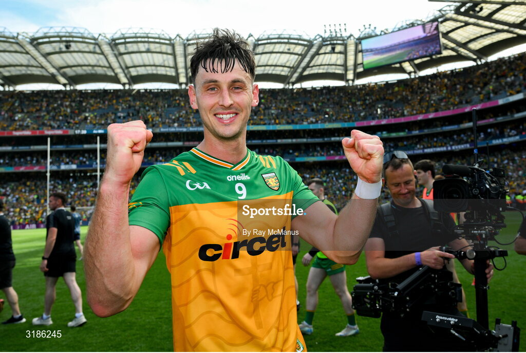 13 July 2025; Michael Langan of Donegal celebrates after the GAA Football All-Ireland Senior Championship semi-final match between Meath and Donegal at Croke Park in Dublin. Photo by Ray McManus/Sportsfile