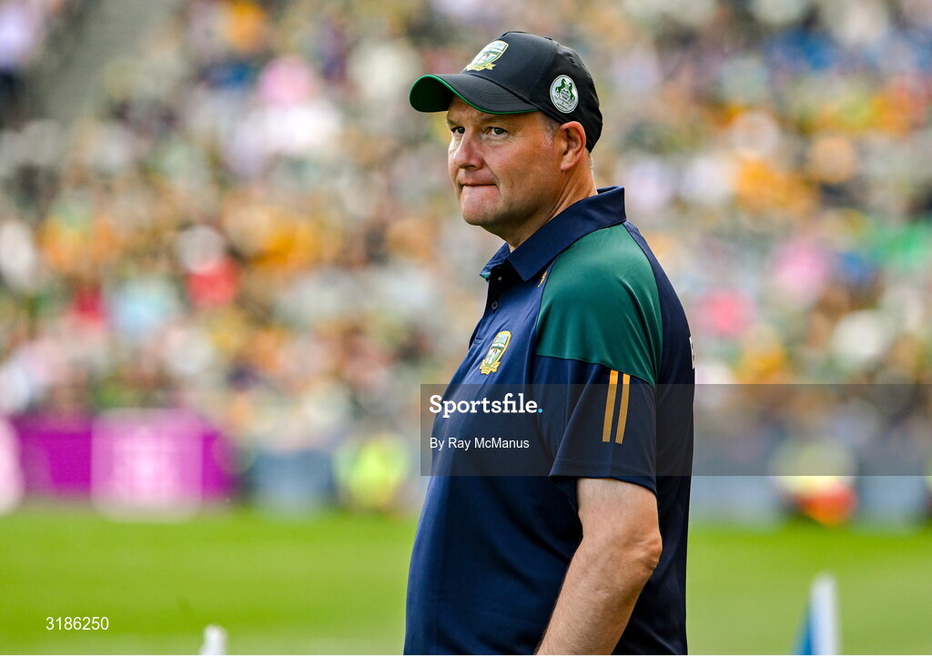 13 July 2025; Meath manager Robbie Brennan in the last minute of the GAA Football All-Ireland Senior Championship semi-final match between Meath and Donegal at Croke Park in Dublin. Photo by Ray McManus/Sportsfile