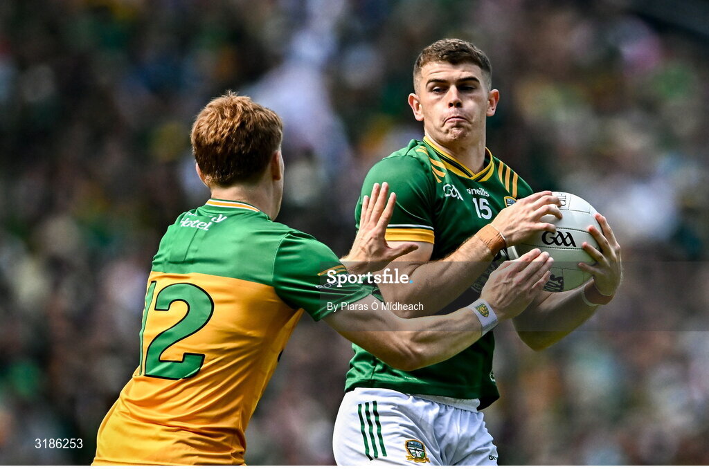 13 July 2025; Eoghan Frayne of Meath in action against Ciaran Moore of Donegal the GAA Football All-Ireland Senior Championship semi-final match between Meath and Donegal at Croke Park in Dublin. Photo by Piaras Ó Mídheach/Sportsfile