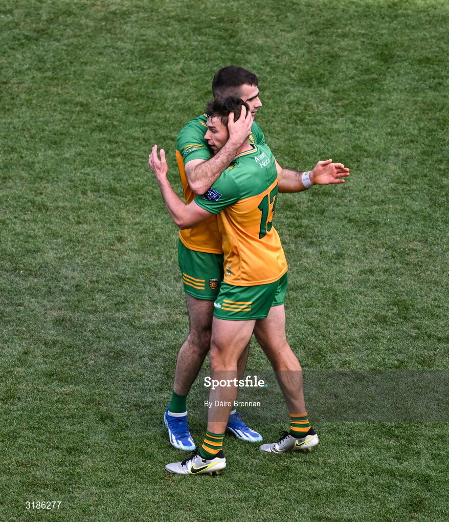 13 July 2025; Caolan McGonagle, left, and Conor O'Donnell of Donegal celebrate after the GAA Football All-Ireland Senior Championship semi-final match between Meath and Donegal at Croke Park in Dublin. Photo by Daire Brennan/Sportsfile