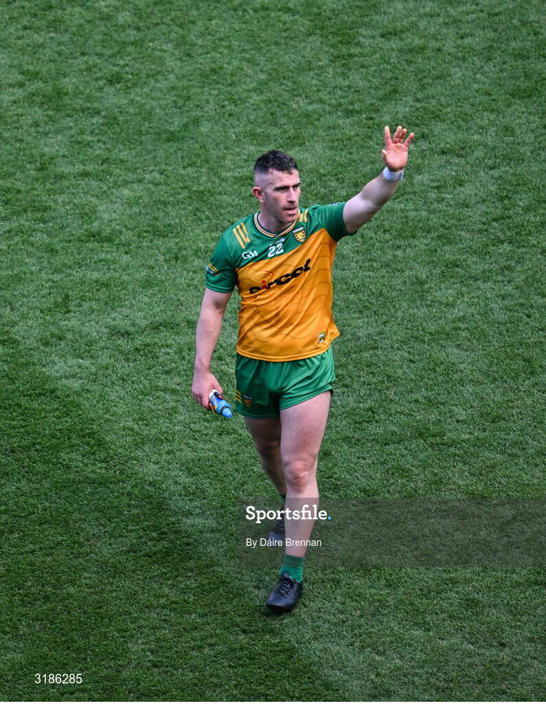 13 July 2025; Patrick McBrearty of Donegal celebrates after the GAA Football All-Ireland Senior Championship semi-final match between Meath and Donegal at Croke Park in Dublin. Photo by Daire Brennan/Sportsfile