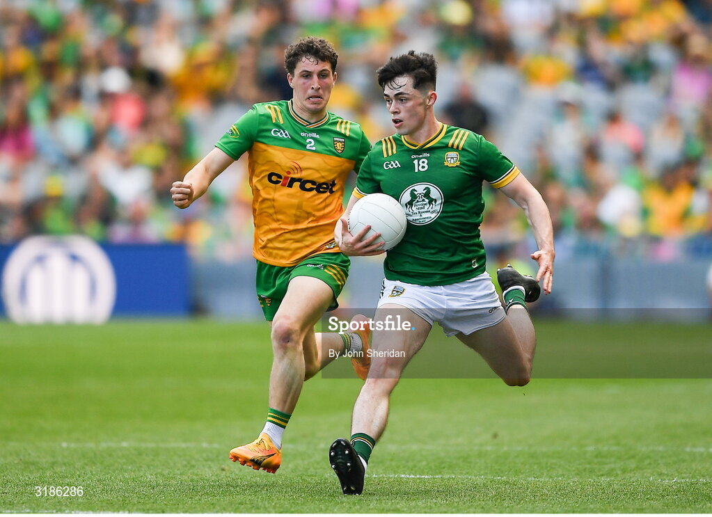 13 July 2025; Eoin Harkin of Meath in action against Finnbarr Roarty of Donegal during the GAA Football All-Ireland Senior Championship semi-final match between Meath and Donegal at Croke Park in Dublin. Photo by John Sheridan/Sportsfile