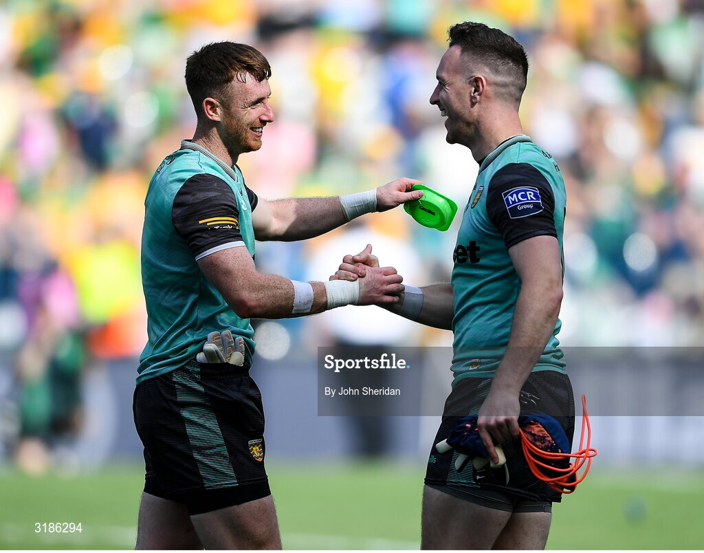 13 July 2025; Donegal players, from left, Shaun Patton and Gavin Mulreany celebrate after the GAA Football All-Ireland Senior Championship semi-final match between Meath and Donegal at Croke Park in Dublin. Photo by John Sheridan/Sportsfile
