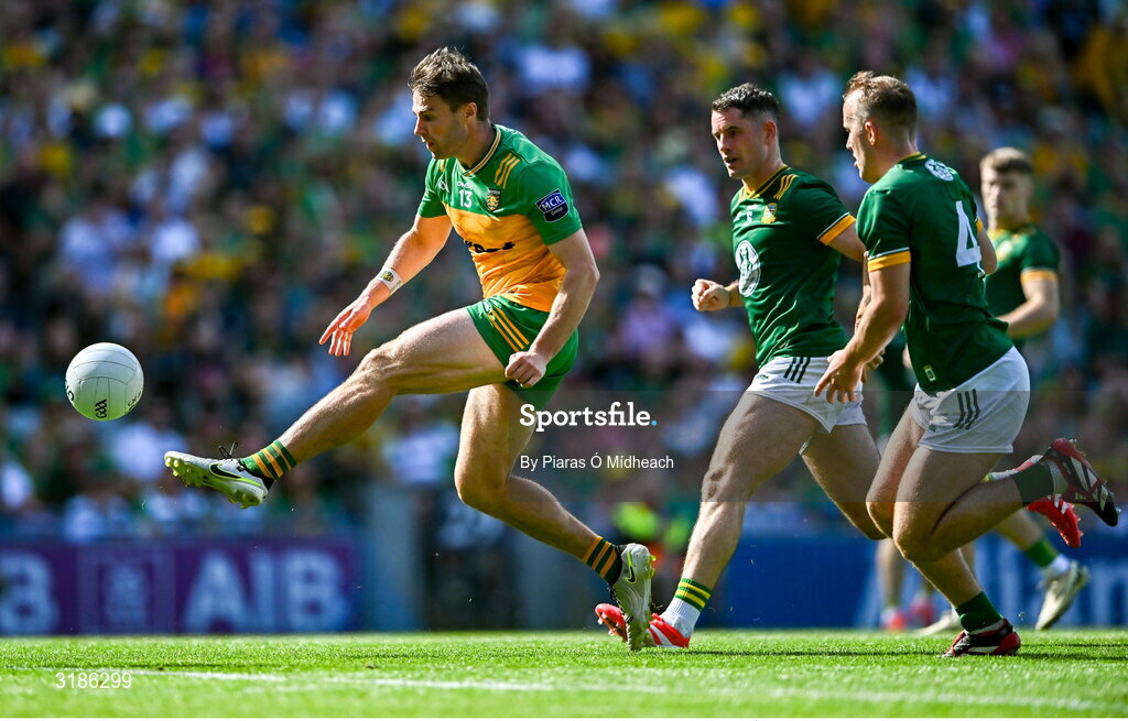 13 July 2025; Conor O'Donnell of Donegal in action against Meath players Donal Keogan and Ronan Ryan, right, the GAA Football All-Ireland Senior Championship semi-final match between Meath and Donegal at Croke Park in Dublin. Photo by Piaras Ó Mídheach/Sportsfile