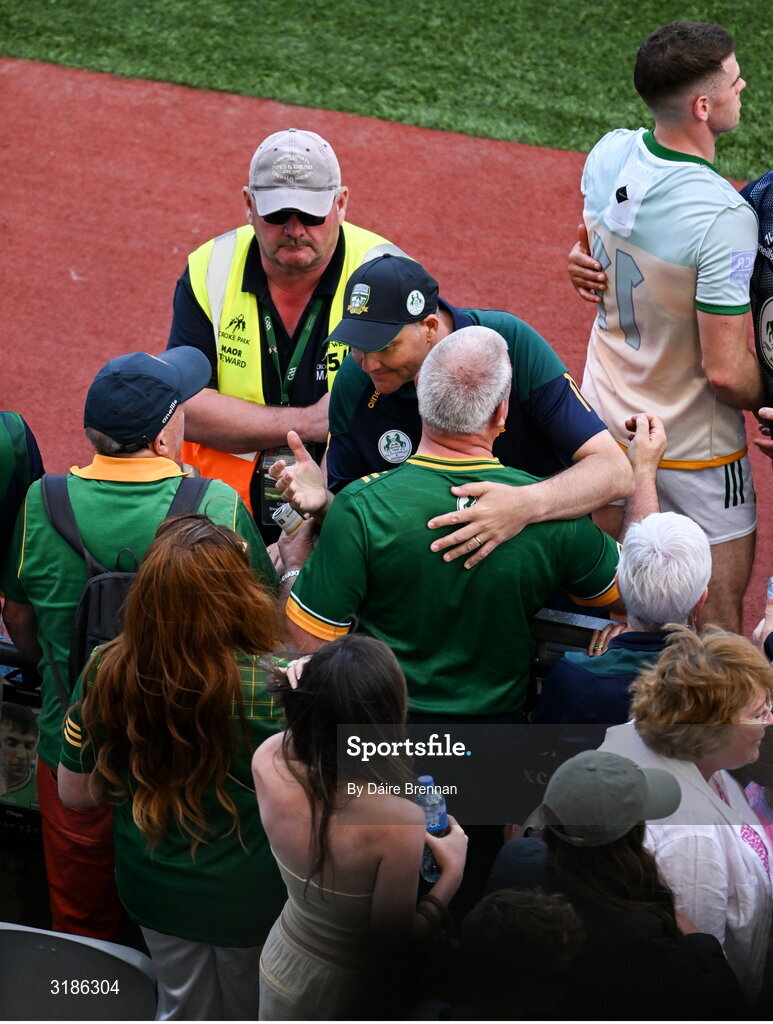 13 July 2025; Meath manager Robbie Brennan with supporters after the GAA Football All-Ireland Senior Championship semi-final match between Meath and Donegal at Croke Park in Dublin. Photo by Daire Brennan/Sportsfile