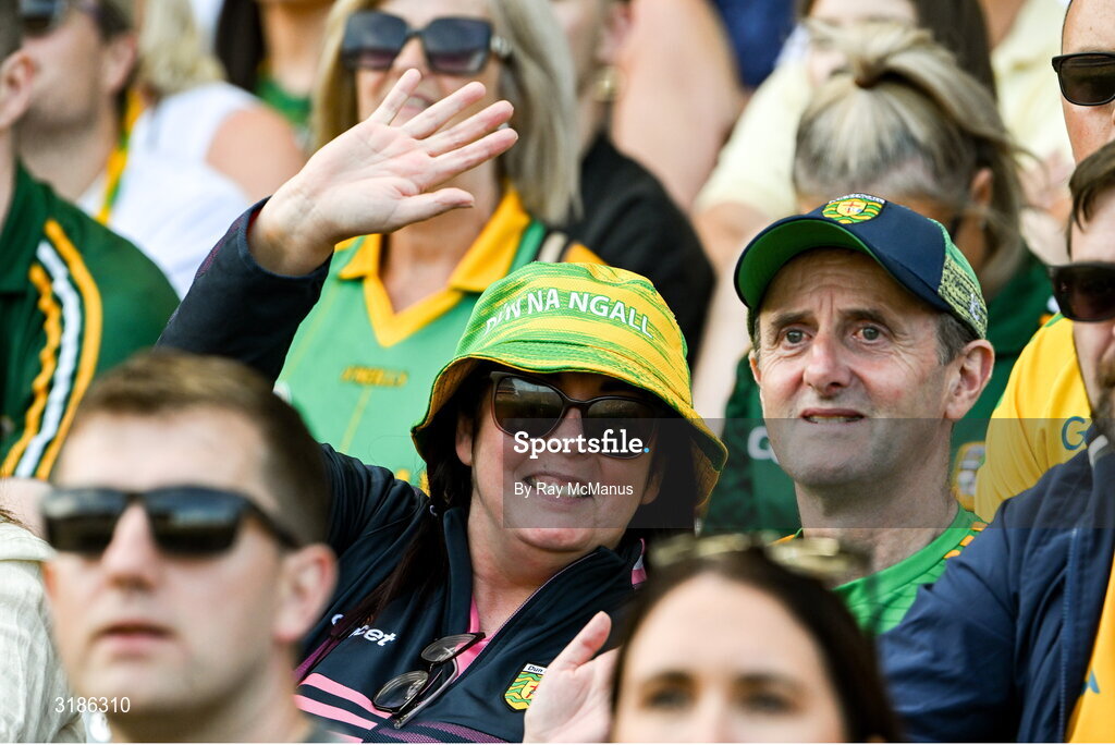 13 July 2025; Donegal supporters, in the Hogan Stand, near the end of the GAA Football All-Ireland Senior Championship semi-final match between Meath and Donegal at Croke Park in Dublin. Photo by Ray McManus/Sportsfile