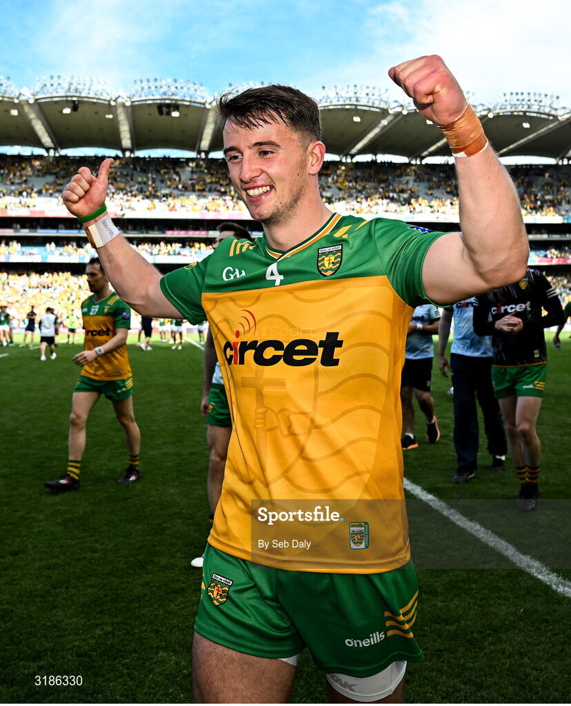 13 July 2025; Peadar Mogan of Donegal celebrates after his side's victory in the GAA Football All-Ireland Senior Championship semi-final match between Meath and Donegal at Croke Park in Dublin. Photo by Seb Daly/Sportsfile