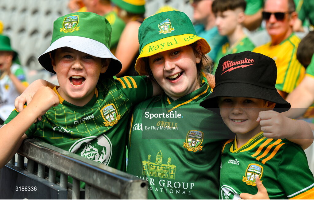 13 July 2025; Meath cousins Will, ten years, Annie 11, and Tom Govern, from Moynalty, before the GAA Football All-Ireland Senior Championship semi-final match between Meath and Donegal at Croke Park in Dublin. Photo by Ray McManus/Sportsfile