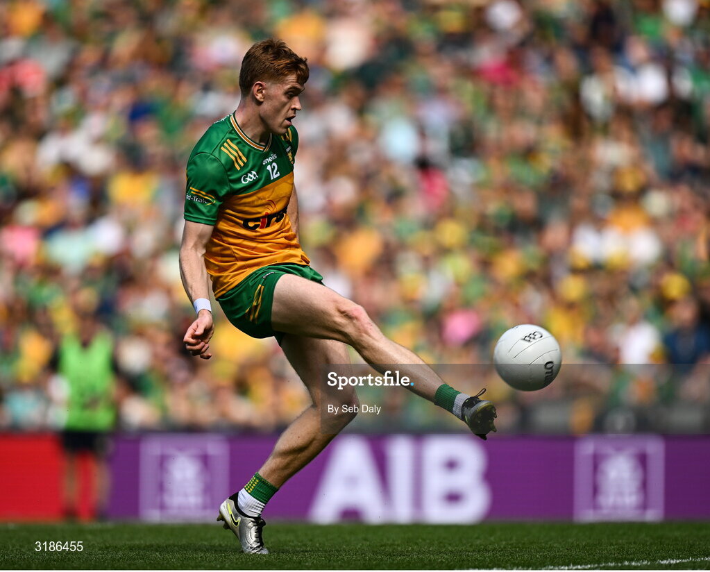 13 July 2025; Ciaran Moore of Donegal kicks a point during the GAA Football All-Ireland Senior Championship semi-final match between Meath and Donegal at Croke Park in Dublin. Photo by Seb Daly/Sportsfile