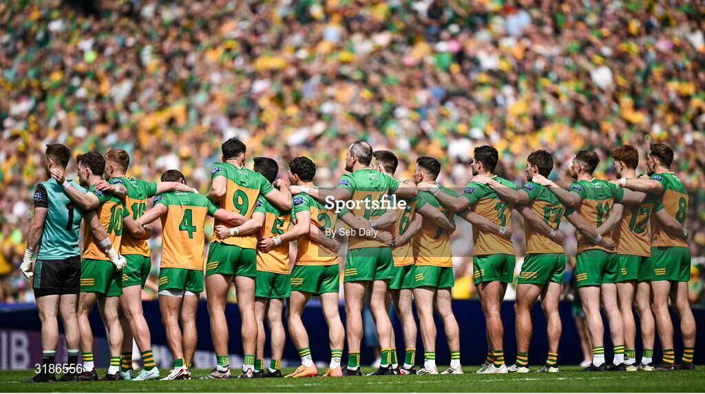 13 July 2025; Donegal players before the GAA Football All-Ireland Senior Championship semi-final match between Meath and Donegal at Croke Park in Dublin. Photo by Seb Daly/Sportsfile