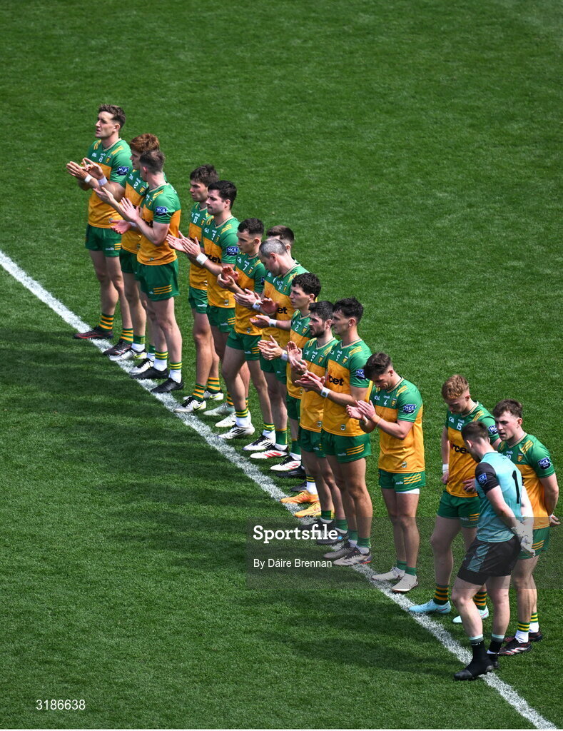 13 July 2025; The Donegal team pay their respects to the late Damien O'Brien, Natalie McLaughlin, and Ella McLaughlin, ahead of the GAA Football All-Ireland Senior Championship semi-final match between Meath and Donegal at Croke Park in Dublin. Photo by Daire Brennan/Sportsfile