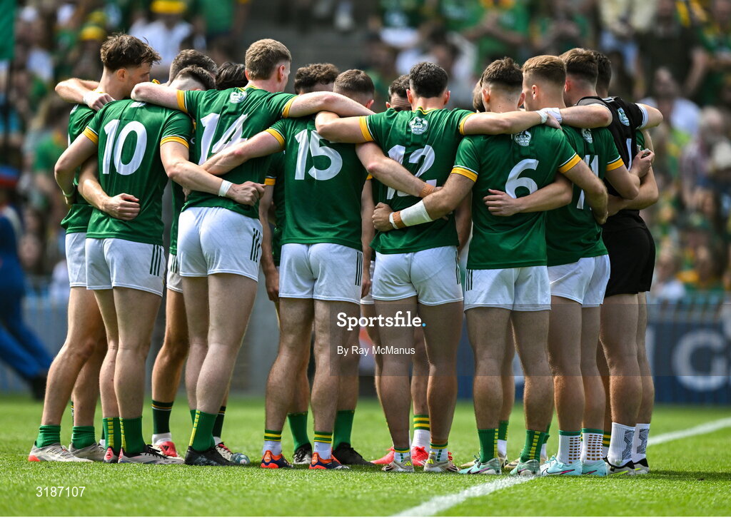 13 July 2025; The Meath players gather together before the GAA Football All-Ireland Senior Championship semi-final match between Meath and Donegal at Croke Park in Dublin. Photo by Ray McManus/Sportsfile
