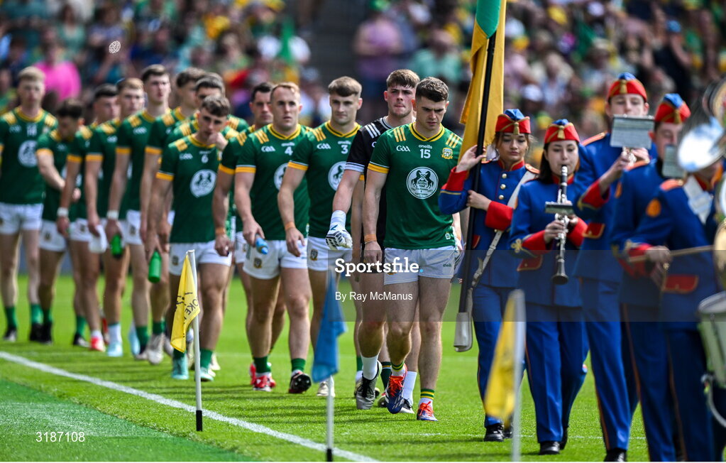 13 July 2025; Eoghan Frayne of Meath leads his team in the pre match parade the GAA Football All-Ireland Senior Championship semi-final match between Meath and Donegal at Croke Park in Dublin. Photo by Ray McManus/Sportsfile