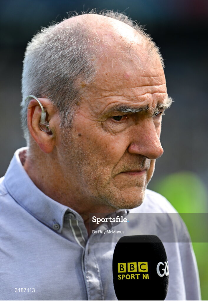 13 July 2025; Offaly joint-manager Mickey Harte,  working with the BBC, before the GAA Football All-Ireland Senior Championship semi-final match between Meath and Donegal at Croke Park in Dublin. Photo by Ray McManus/Sportsfile