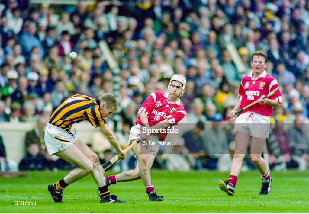3 September 1995; Brian O'Keeffe of Cork in action against Andrew Hickey of Kilkenny during the All-Ireland Minor Hurling Championship Final match between Kilkenny and Cork at Croke Park in Dublin. Photo by Ray McManus/Sportsfile