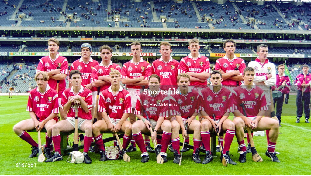 3 September 1995; The Cork team, back, from left, Timmy McCarthy, Austin Walsh, Pat Mullaney, Brian Kidney, Dan Murphy, Sean O'Farrell, Sean Og O'Hailpin and Donal Og Cusack, with, front, from left, Alan Kelleher, Brian O'Keeffe, John O'Dwyer, Michael O'Connell, Joe Deane, Pat Walsh and Derek Barrett before the All-Ireland Minor Hurling Championship Final match between Kilkenny and Cork at Croke Park in Dublin. Photo by Ray McManus/Sportsfile