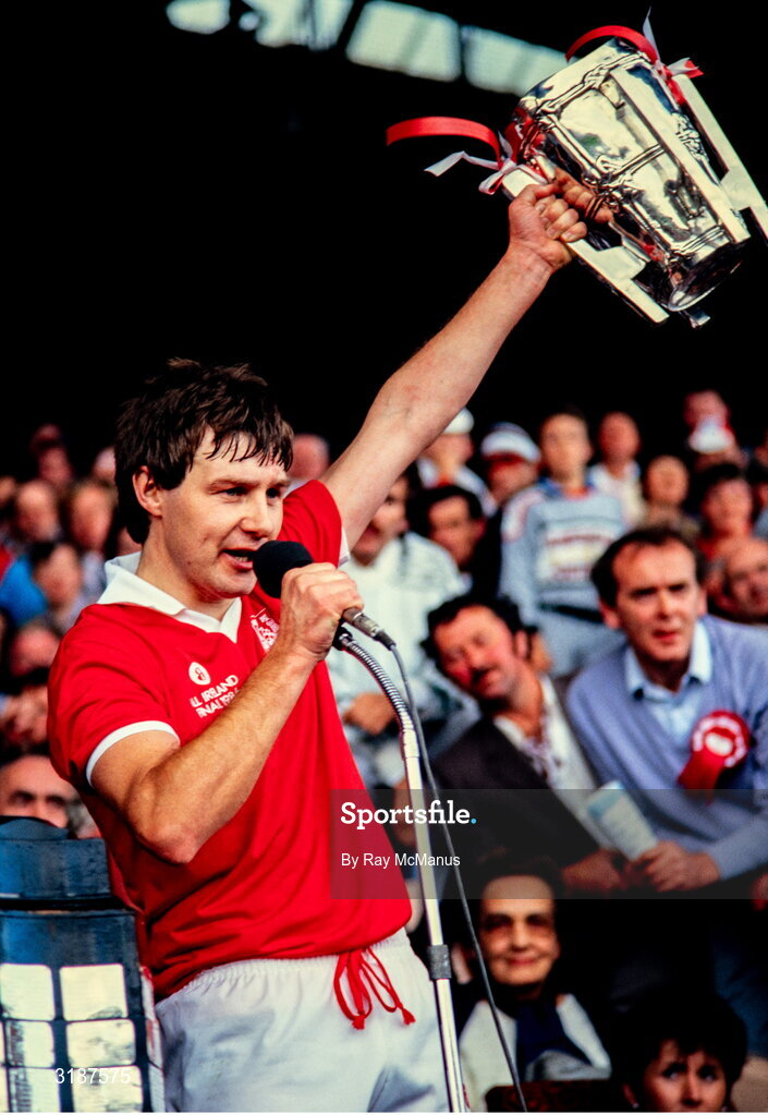 7 September 1986; Cork captain Tom Cashman lifts the Liam MacCarthy Cup after the All Ireland Senior Hurling Championship Final match between Cork and Galway at Croke Park, Dublin. Photo by Ray McManus/Sportsfile