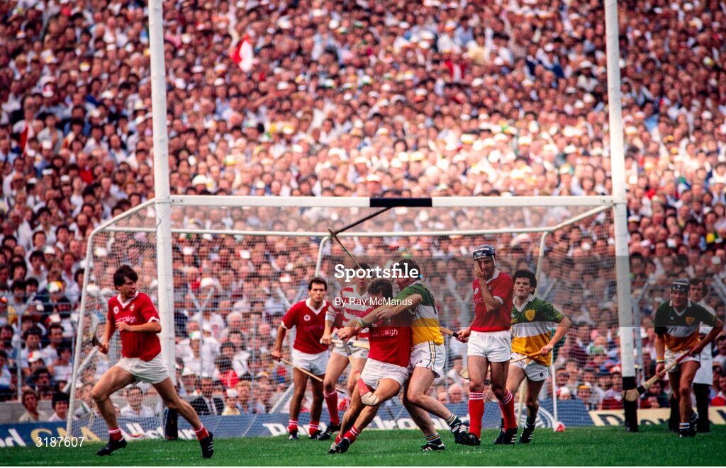 2 September 1984; Tom Cashman of Cork is tackled by Padraig Horan of Offaly during the All-Ireland Senior Hurling Championship Final between Cork and Offaly at Semple Stadium in Thurles, Tipperary. Photo by Ray McManus/Sportsfile