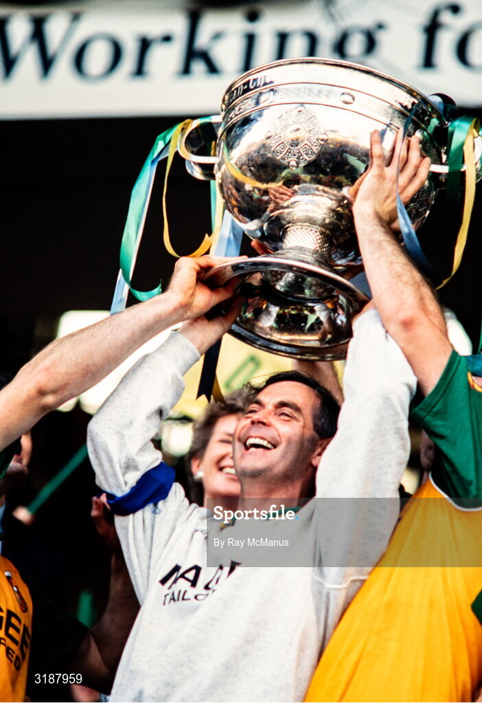 20 September 1992; Donegal manager Brian McEniff lifts the Sam Maguire Cup after the All Ireland Senior Football Championship Final match between Dublin and Donegal at Croke Park, Dublin. Photo by Ray McManus/Sportsfile