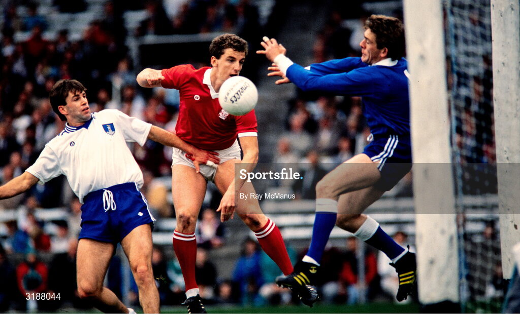 14 August 1988; Barry Coffey of Cork in action against Ciaran Murray left, and goalkeeper Paddy Linden of Monaghan during the All-Ireland Senior Football Championship Semi-Final match between Cork and Monaghan at Croke Park, Dublin. Photo by Ray McManus/Sportsfile