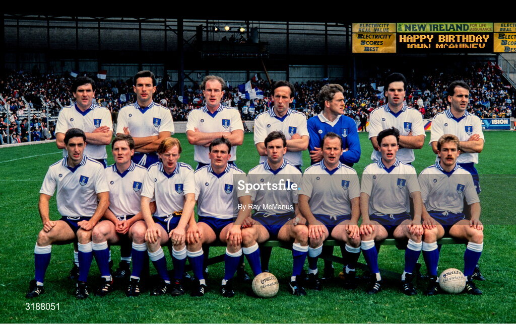 14 August 1988; Monaghan team, back, from left, Gerry McCarville, David Byrne, Eamonn McEneaney, Eugene Sherry, Paddy Linden, Stefan White and Brendan Murray with, front, from left, Declan Loughman, Bernie Murray, Declan Flanagan, Ray McCarron, Ciaran Murray, Eugene Hughes, Owen Hamilton and Gerry Hoey before the All-Ireland Senior Football Championship Semi-Final match between Cork and Monaghan at Croke Park, Dublin. Photo by Ray McManus/Sportsfile