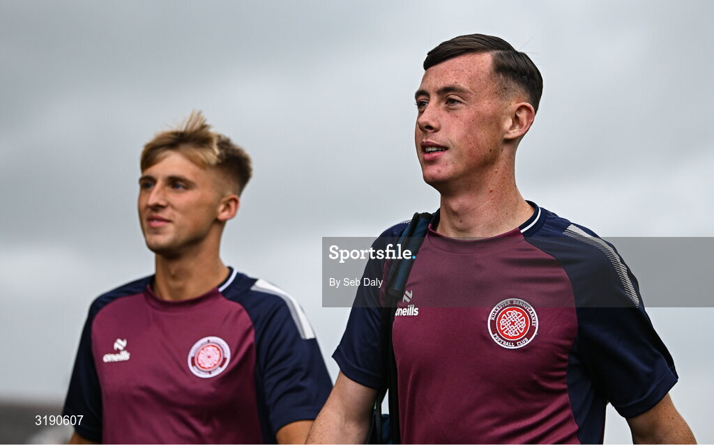 18 July 2025; Killester Donnycarney players James Wall, left, and Daniel Bergin before the Sports Direct Men’s FAI Cup second round match between Killester Donnycarney and Bohemians at Dalymount Park in Dublin. Photo by Seb Daly/Sportsfile