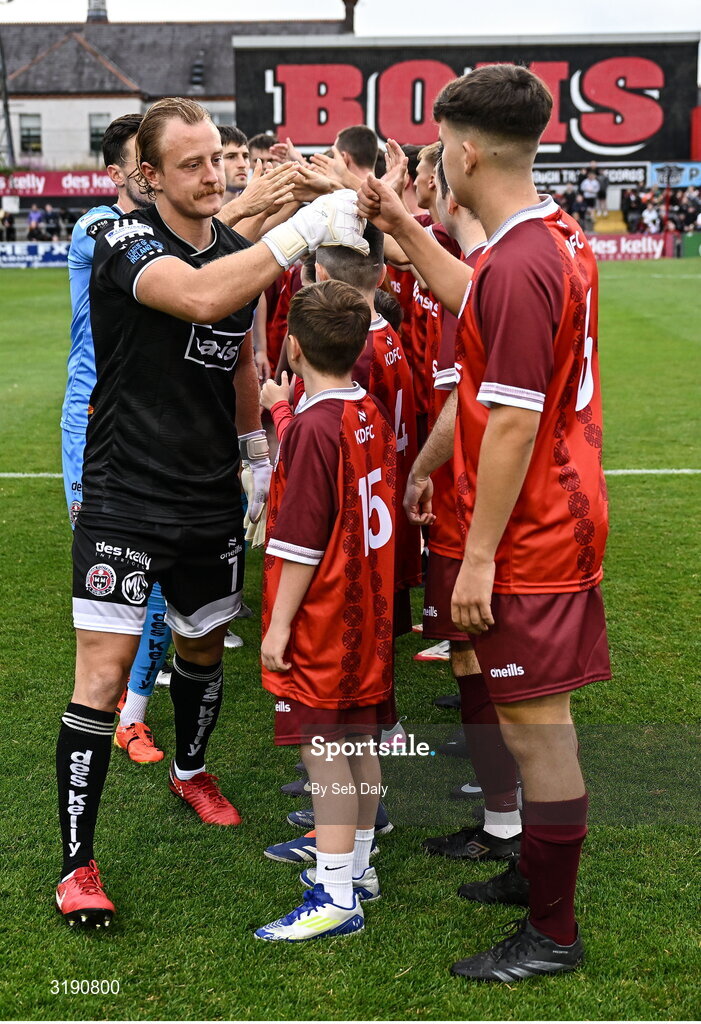 18 July 2025; Bohemians goalkeeper James Talbot and Danny Jeal of Killester Donnycarney before the Sports Direct Men’s FAI Cup second round match between Killester Donnycarney and Bohemians at Dalymount Park in Dublin. Photo by Seb Daly/Sportsfile