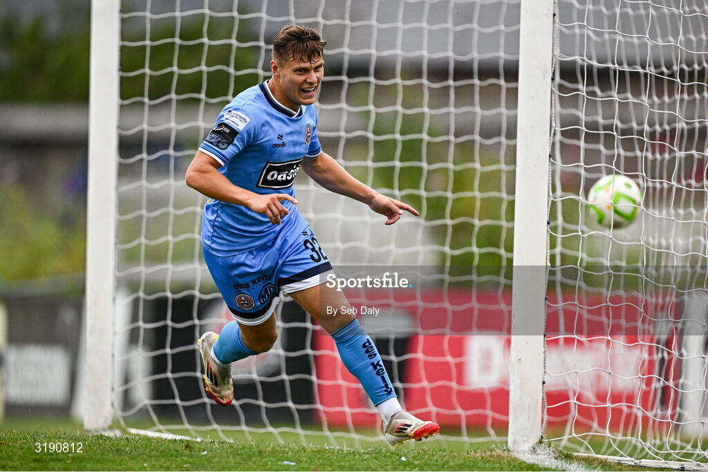 18 July 2025; Markuss Strods of Bohemians celebrates after scoring his side's first goal during the Sports Direct Men’s FAI Cup second round match between Killester Donnycarney and Bohemians at Dalymount Park in Dublin. Photo by Seb Daly/Sportsfile