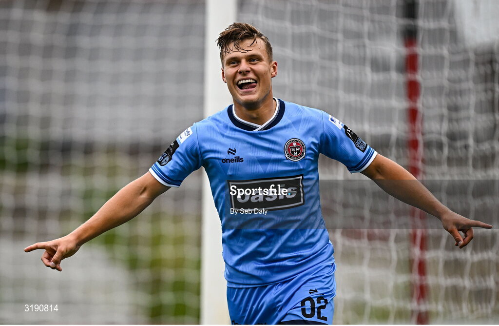18 July 2025; Markuss Strods of Bohemians celebrates after scoring his side's first goal during the Sports Direct Men’s FAI Cup second round match between Killester Donnycarney and Bohemians at Dalymount Park in Dublin. Photo by Seb Daly/Sportsfile
