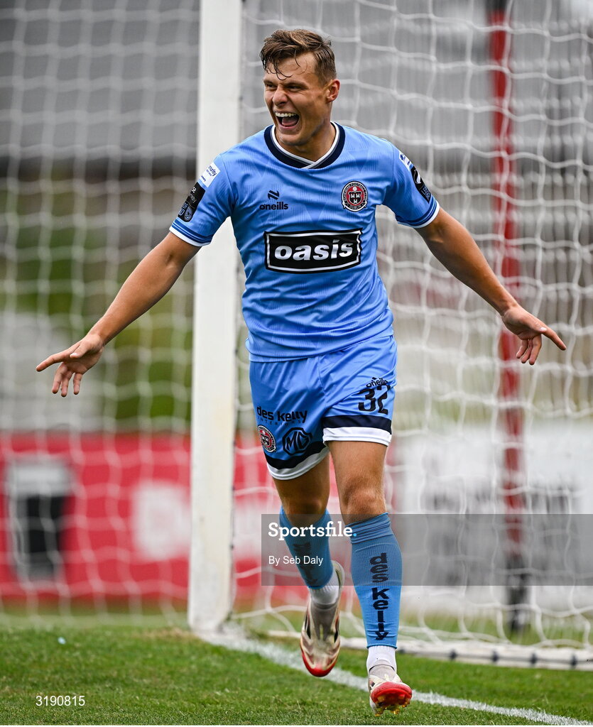 18 July 2025; Markuss Strods of Bohemians celebrates after scoring his side's first goal during the Sports Direct Men’s FAI Cup second round match between Killester Donnycarney and Bohemians at Dalymount Park in Dublin. Photo by Seb Daly/Sportsfile