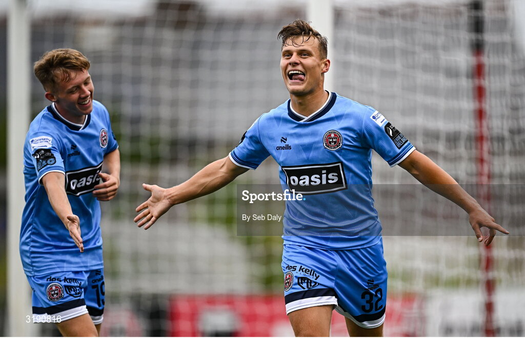 18 July 2025; Markuss Strods of Bohemians, right, celebrates with teammate Rhys Brennan after scoring their side's first goal during the Sports Direct Men’s FAI Cup second round match between Killester Donnycarney and Bohemians at Dalymount Park in Dublin. Photo by Seb Daly/Sportsfile